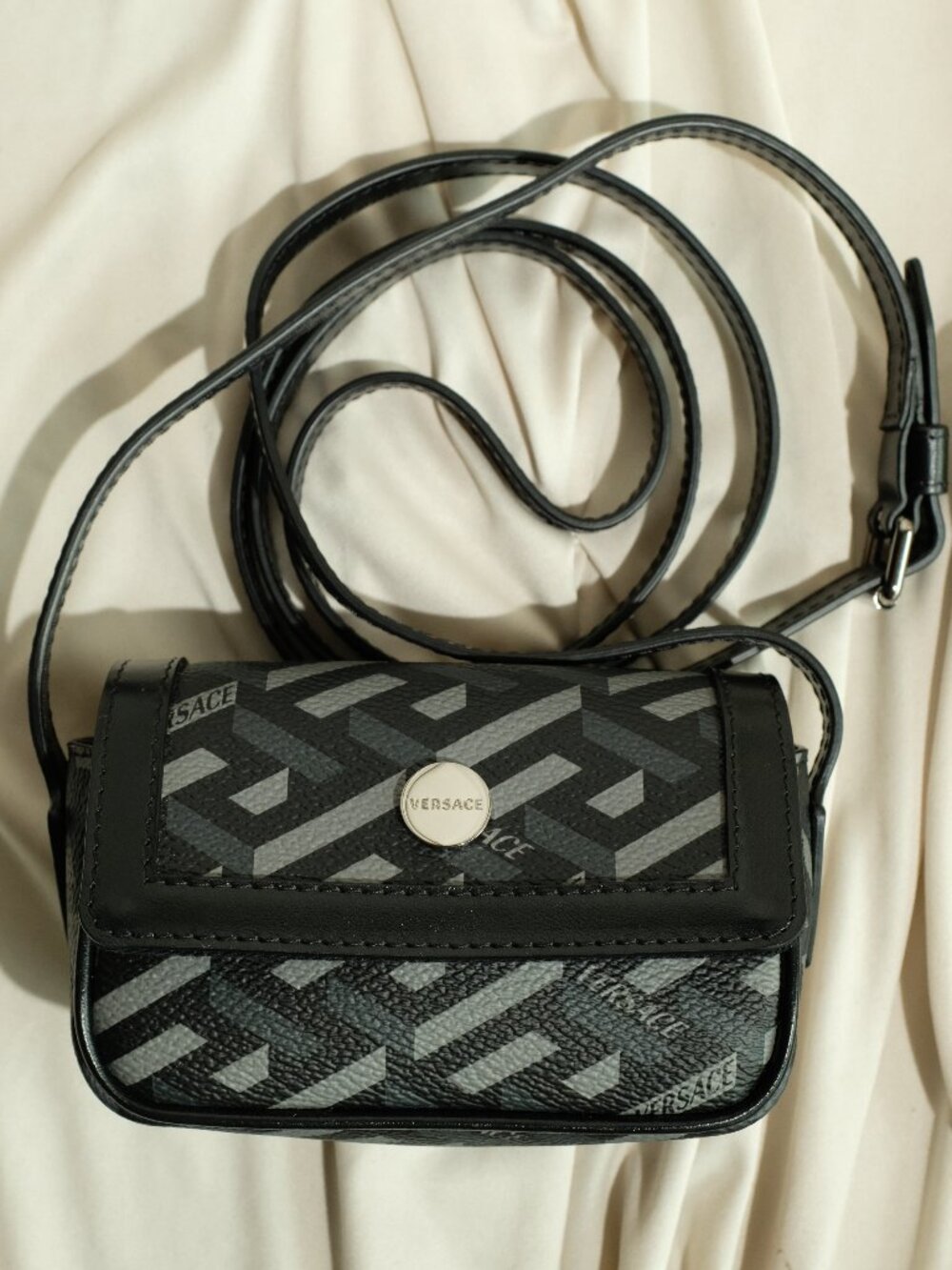 Versace La Greca Mini Bag Coated Canvas Monogram & Calf Leather -Black + Gray